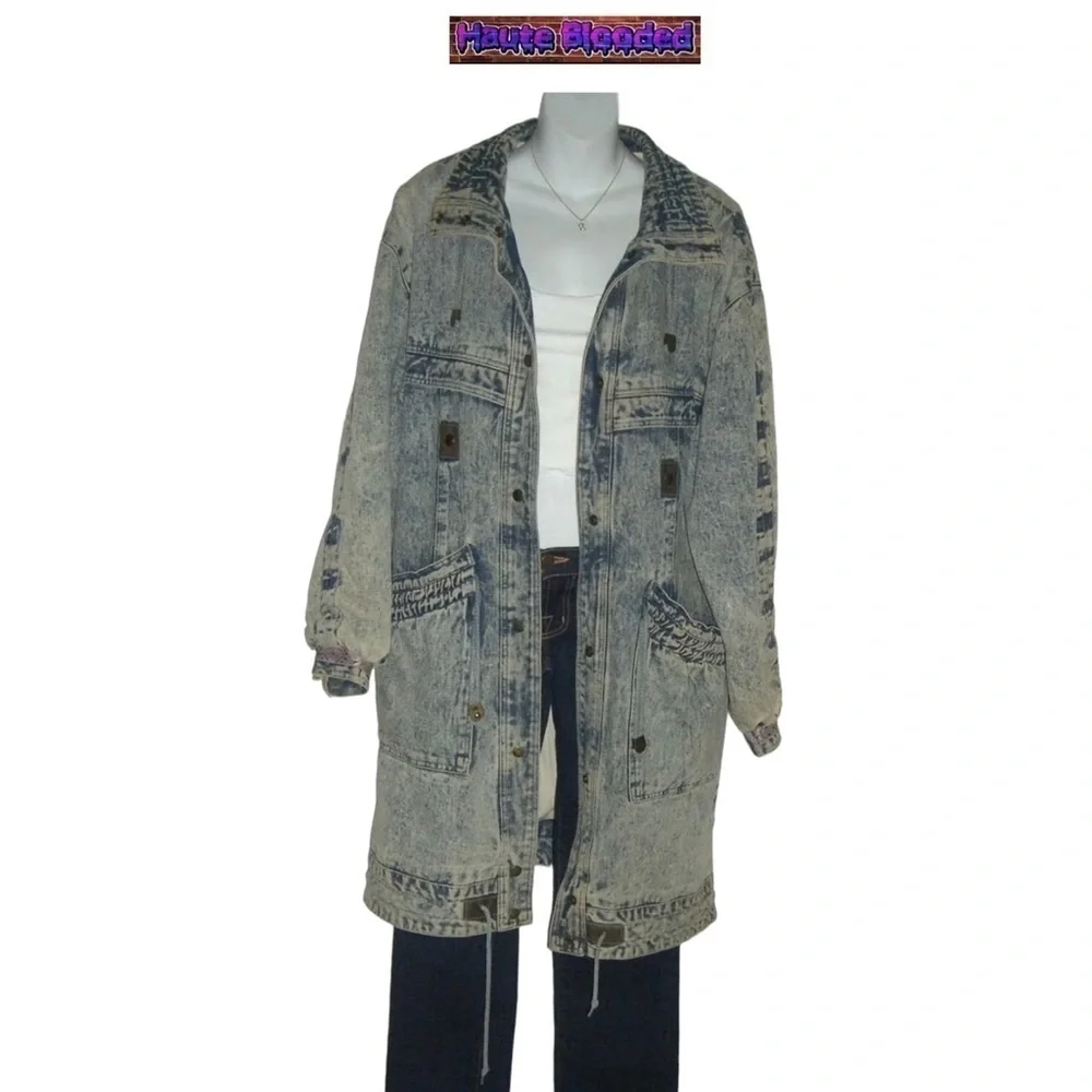 Vintage 80's Acid Wash Denim Long Warm Trench Coat Aztec e-girl alt Grunge Punk